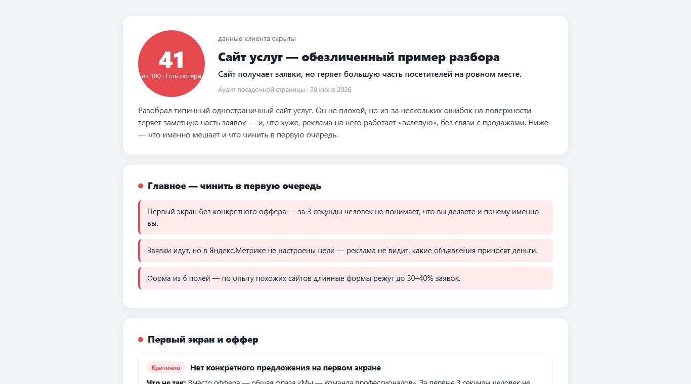 Пример аудита: оценка сайта и список того, что чинить в первую очередь
